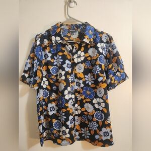 Modcloth L Floral Print Blouse in Black, Blue, and Orange